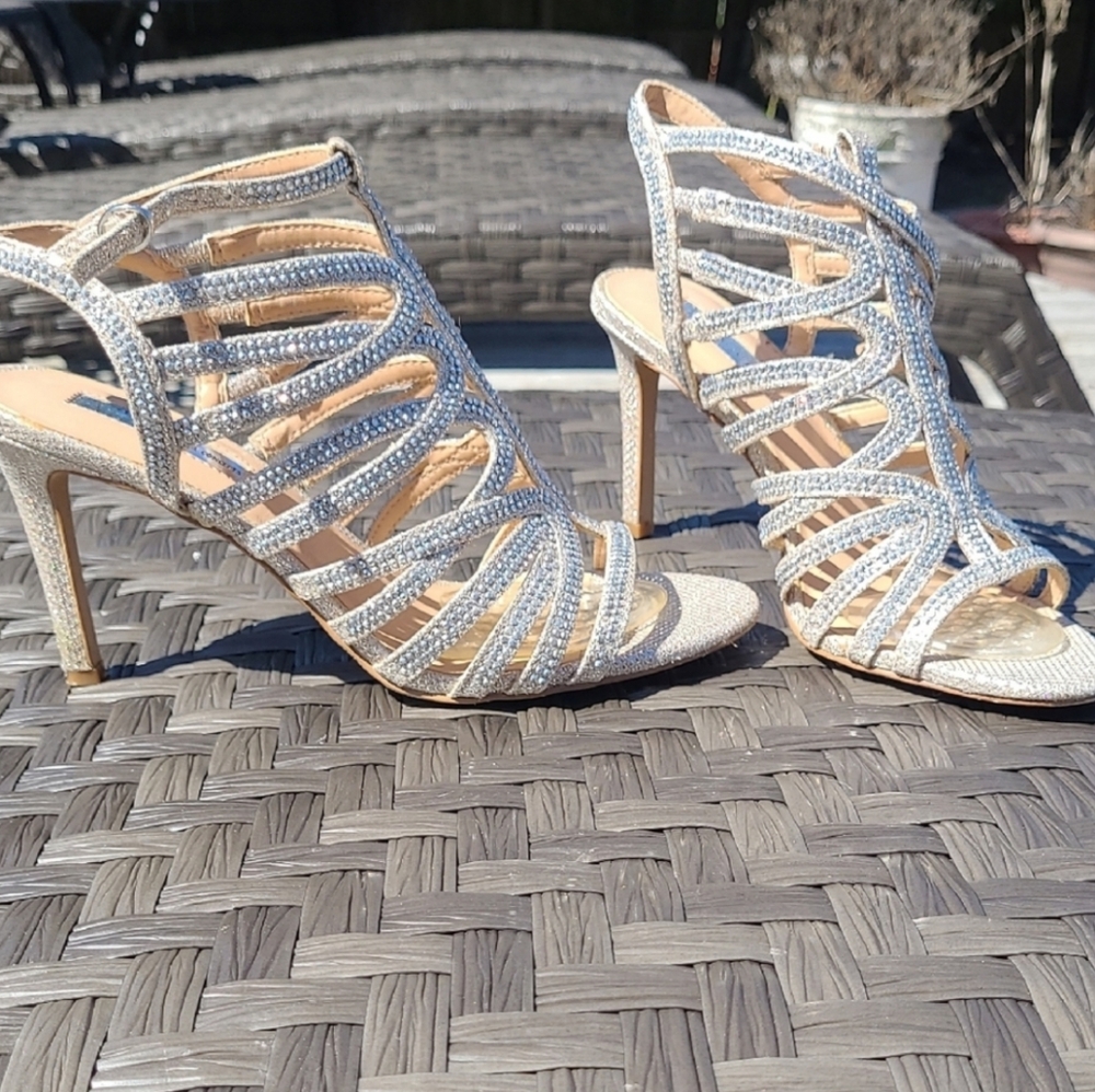 INC  Silver/champagne Rhinestone  Strappy Heels